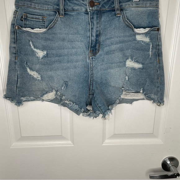 Judy Blue Hi Waist Distressed Stretch Jean Raw Hem Shorts JB1555 Medium Blue L - Picture 4 of 13